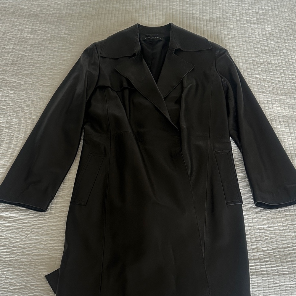 Black faux leather trench coat